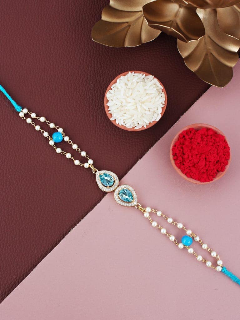 Lucky Jewellery Designer Turquoise Color Stone Rakhi - Rakshabandhan Pearl Rakhee Bracelet Lumba for Brother Bhai Bhaiya Bhabhi - Pack of 1 (200-CHB2-1279-F)