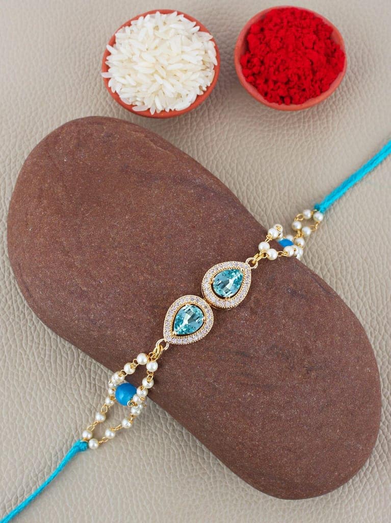 Lucky Jewellery Designer Turquoise Color Stone Rakhi - Rakshabandhan Pearl Rakhee Bracelet Lumba for Brother Bhai Bhaiya Bhabhi - Pack of 1 (200-CHB2-1279-F) view 2