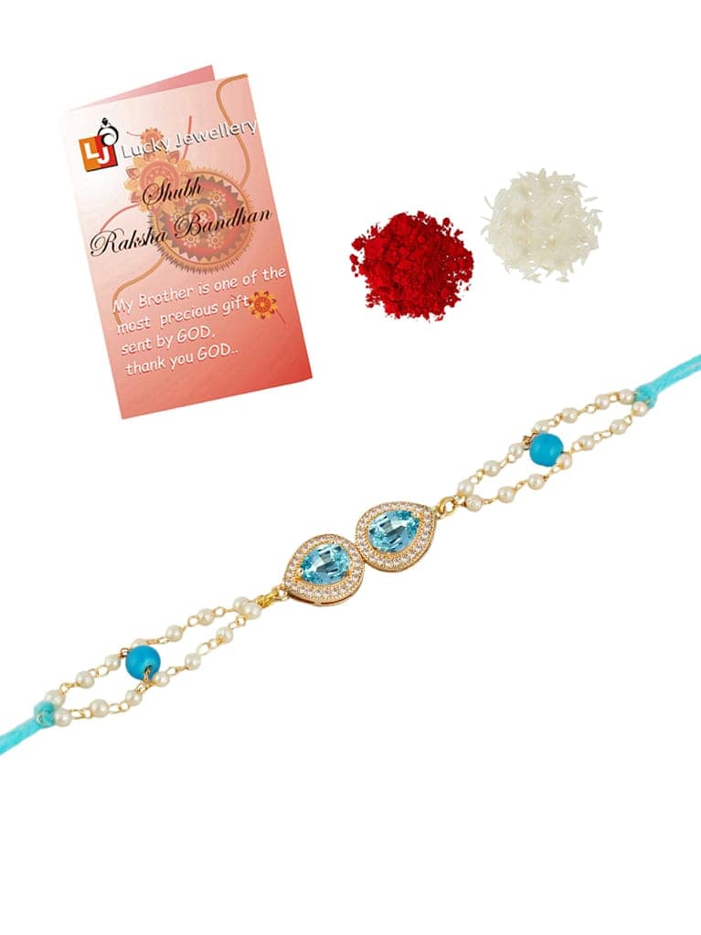 Lucky Jewellery Designer Turquoise Color Stone Rakhi - Rakshabandhan Pearl Rakhee Bracelet Lumba for Brother Bhai Bhaiya Bhabhi - Pack of 1 (200-CHB2-1279-F) view 3