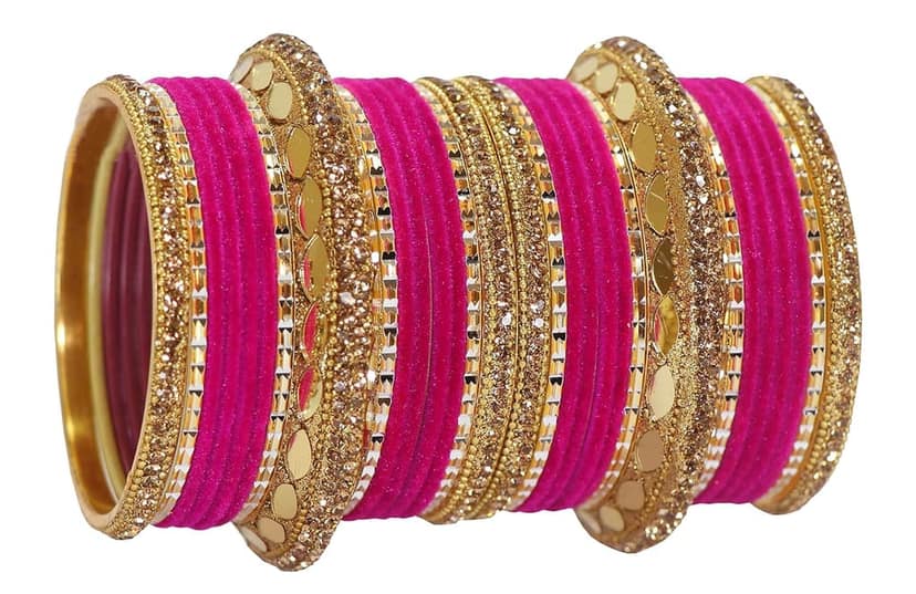 NMII Non-Precious Metal Base Metal With Velvet Worke Pearls Chain and Mirror Zircon Gemstone Studded Worked Chuda Set For Women view 3