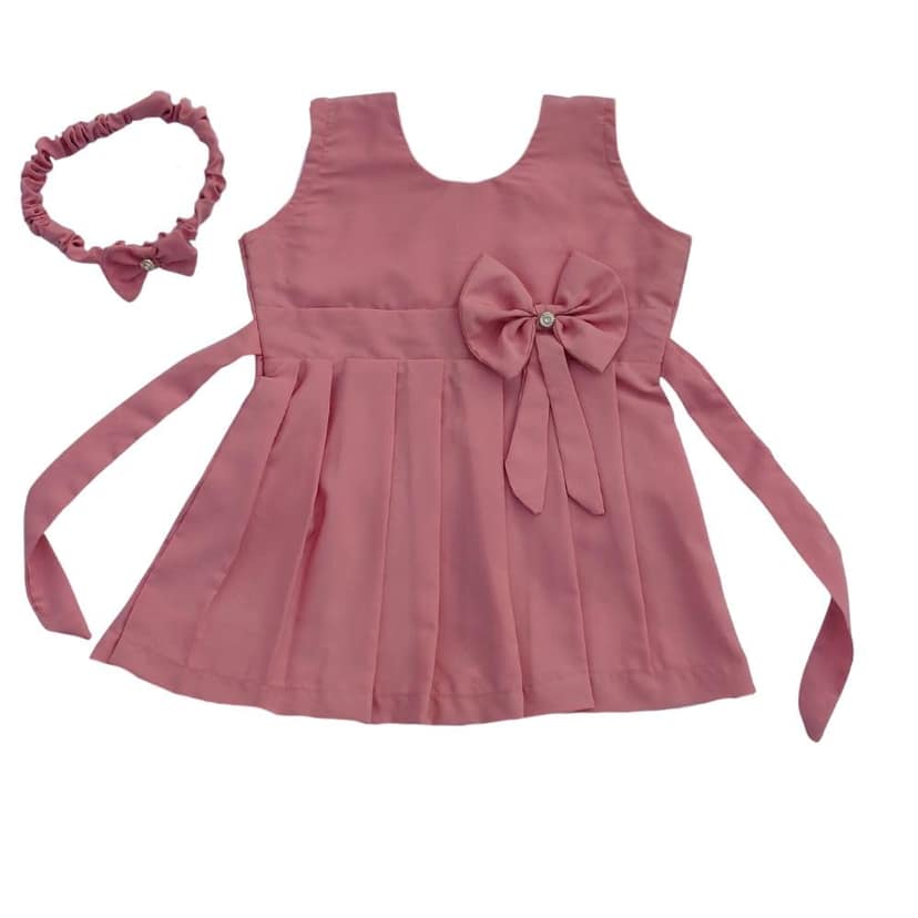 Mom and Me Girls Plain Colour Frock Dress with Flower & Matching Hair Belt | Sleeveless Crepe Fabric | Calf Length (in, Age, 12 Months, 18 Months, Pink)