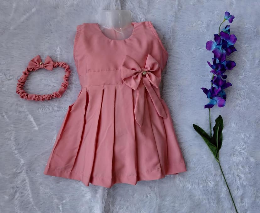 Mom and Me Girls Plain Colour Frock Dress with Flower & Matching Hair Belt | Sleeveless Crepe Fabric | Calf Length (in, Age, 12 Months, 18 Months, Pink) view 2