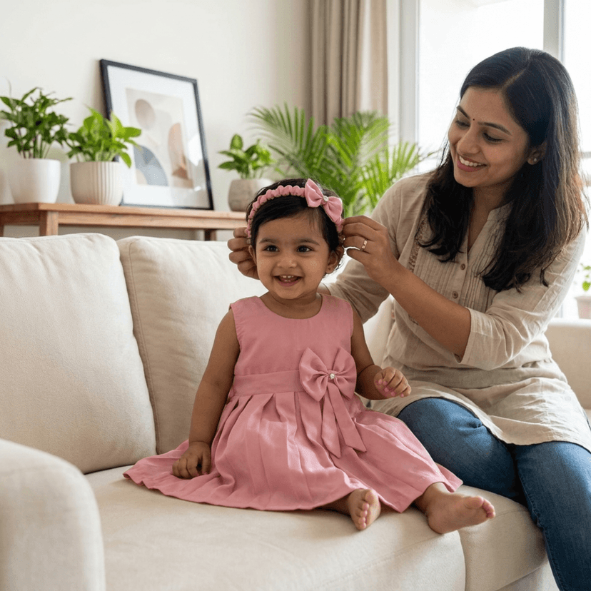 Mom and Me Girls Plain Colour Frock Dress with Flower & Matching Hair Belt | Sleeveless Crepe Fabric | Calf Length (in, Age, 12 Months, 18 Months, Pink) view 3
