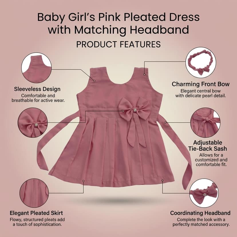Mom and Me Girls Plain Colour Frock Dress with Flower & Matching Hair Belt | Sleeveless Crepe Fabric | Calf Length (in, Age, 12 Months, 18 Months, Pink) view 4