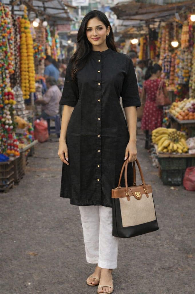 Stylish Black Cotton Long Kurti with White Pant