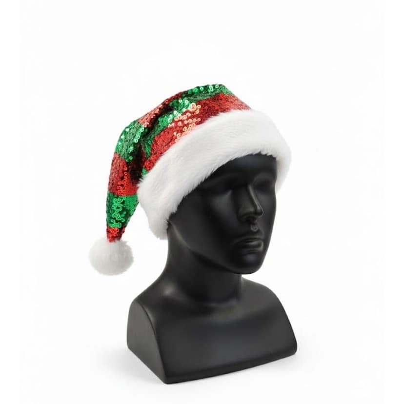 Santa Sequin Hat with Plush Puff Ball and Plush White Border view 6