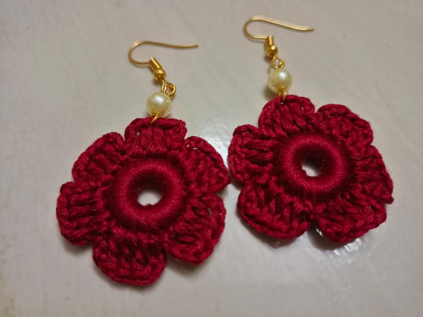 Handmade Crochet Flower Earrings - Boho Red Floral Jewelry