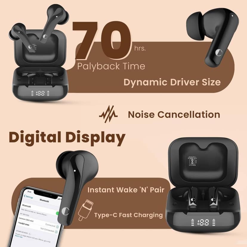 CELLECOR BroPods CB55 ACE TWS with 70 Hours Playtime | Instant Wake 'N' Pair | HD Sound | 5.3V Bluetooth | Digital Display (Black) view 3