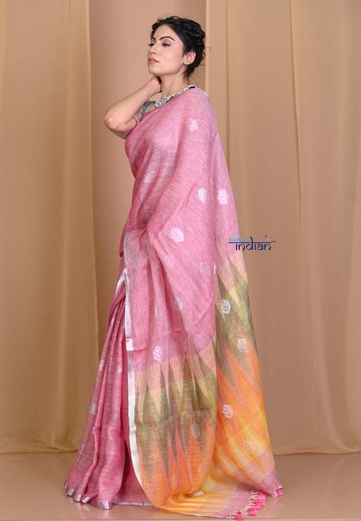Pehal~ Pastel Pink High thread Count Organic Linen with Multicolor Ikkat Pallu view 2