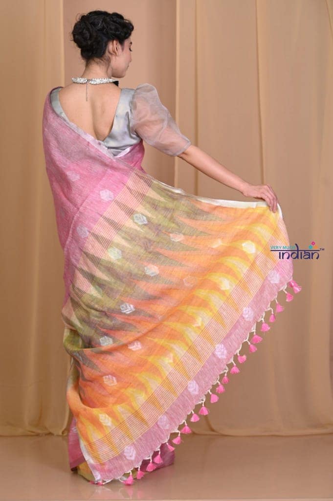Pehal~ Pastel Pink High thread Count Organic Linen with Multicolor Ikkat Pallu view 3