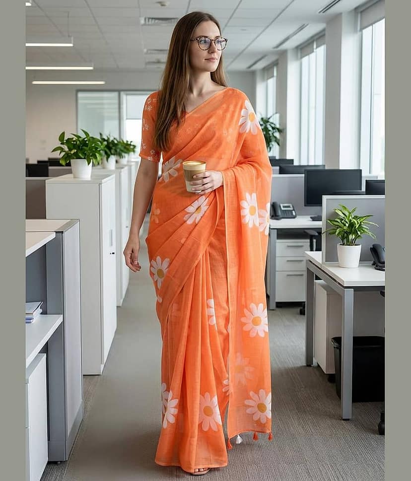 ANAND SAREES Cotton Printed Kasavu Saree With Unstitched Blouse Piece ( BLUE )