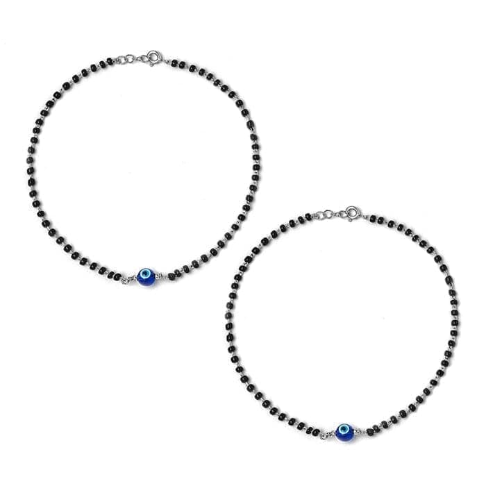 Silver Holy Evil Eye Black Beads Pair Of Anklets