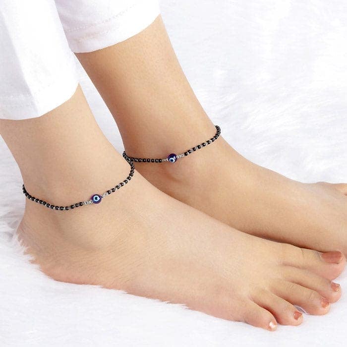 Silver Holy Evil Eye Black Beads Pair Of Anklets view 2