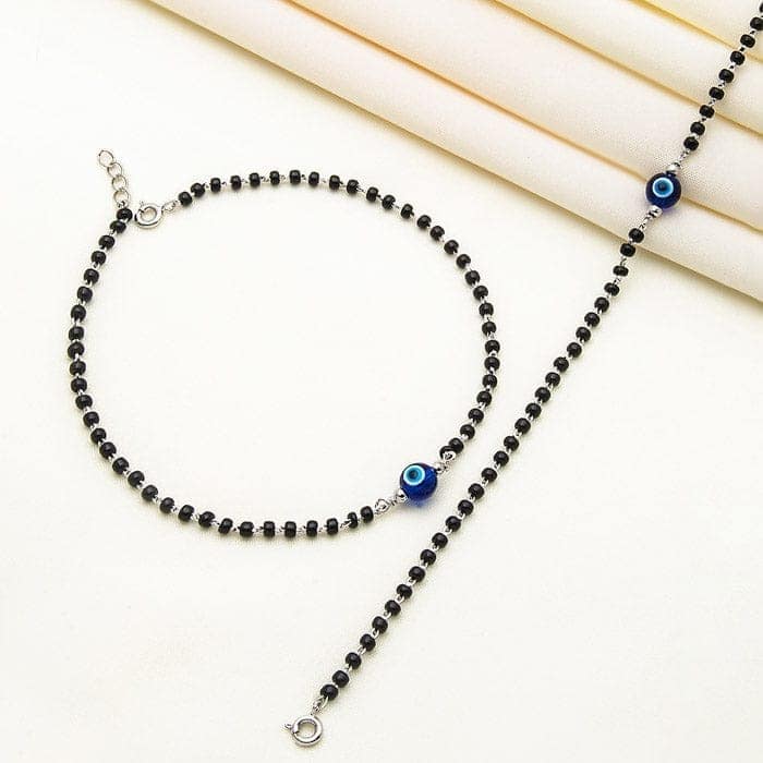 Silver Holy Evil Eye Black Beads Pair Of Anklets view 3