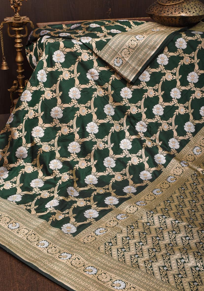 Exquisite Floral Alfi Jaal Brocade Banarasi Katan Silk Saree in Bottle Green | SILK MARK CERTIFIED view 2