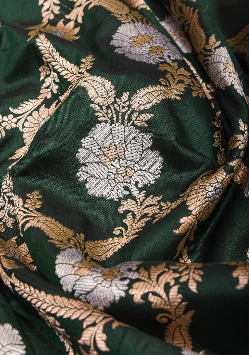 Exquisite Floral Alfi Jaal Brocade Banarasi Katan Silk Saree in Bottle Green | SILK MARK CERTIFIED view 5