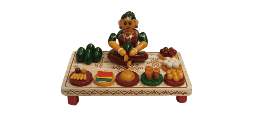 Wooden Indian Lady Sitting on a Platform with Fruits and Vegetables(Pellikuturu set)