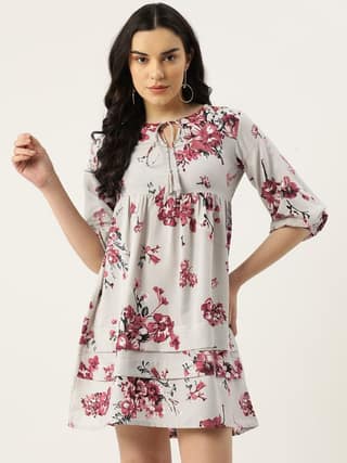 Floral Print Tie-Up Neck Bishop Sleeve Crepe A-Line Dress