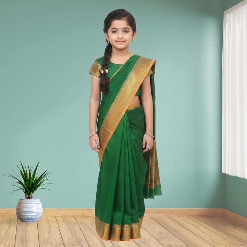 Mom and Me Girls Ethnic Saree - Pre-Stitched Belgaon Silk with Golden Zari Border view 2