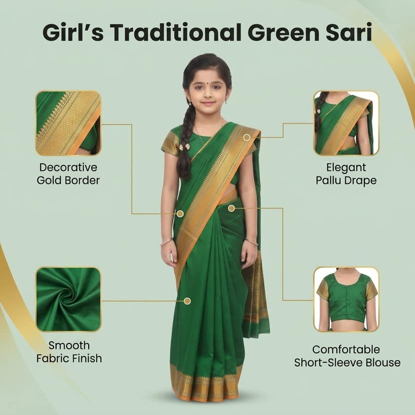 Mom and Me Girls Ethnic Saree - Pre-Stitched Belgaon Silk with Golden Zari Border view 3