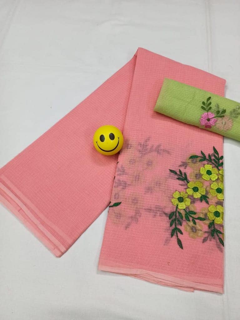 Kota Doria Peach Pure Cotton Embroidery Saree With Blouse Handcrafted-2262