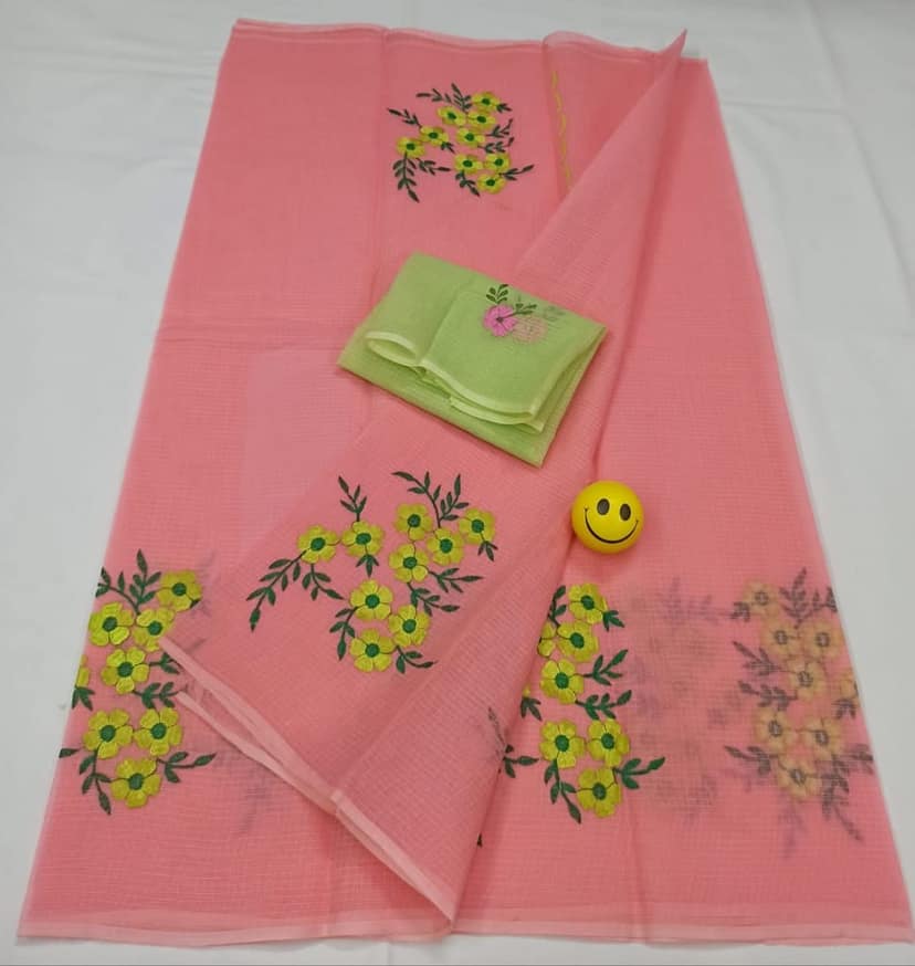 Kota Doria Peach Pure Cotton Embroidery Saree With Blouse Handcrafted-2262 view 2