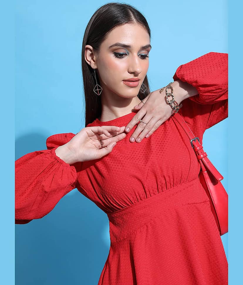 Tokyo Talkies Women Polyester Self Design Fit & Flare Dress ( Red ) view 7