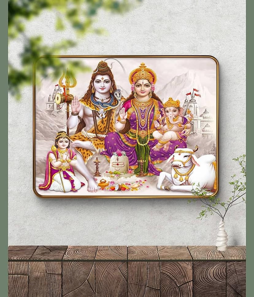 SAF Shiv Parivar Wall Painting | Lord Shiva Parvati Ganesh Kartikeya with Nandi Art | Sparkle Lamination | Golden Frame MDF Poster for Home Temple Pooja Room Spiritual Décor view 2