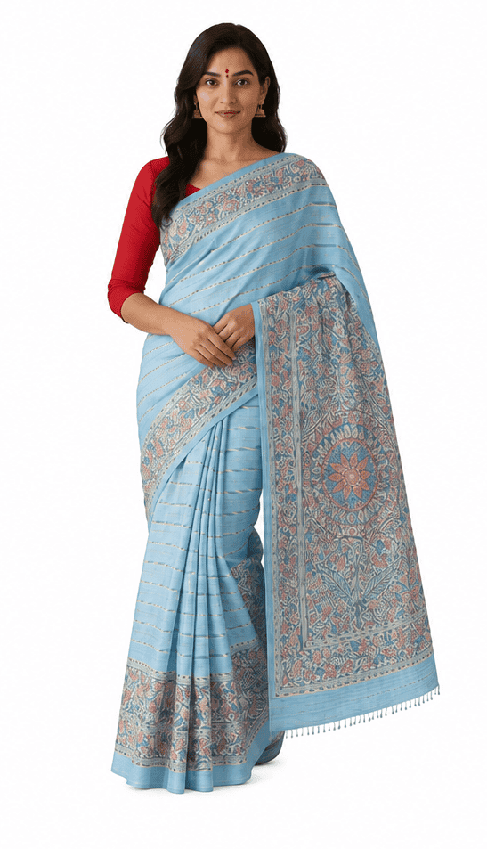 [Pack of 2] Light Blue Hand-Block Printed Tussar Silk Saree