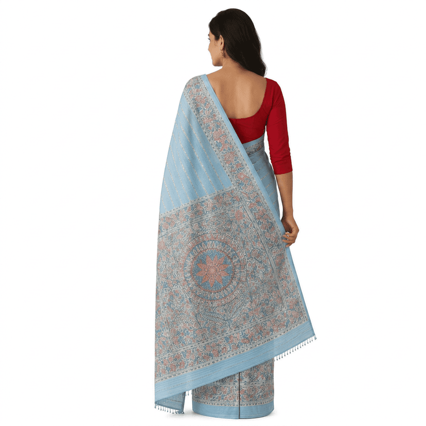 [Pack of 2] Light Blue Hand-Block Printed Tussar Silk Saree view 2