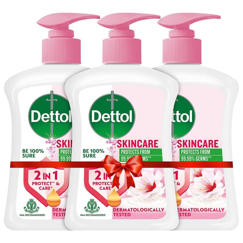 Dettol Liquid Handwash Dispenser Bottle Pump - Skincare Moisturizing Hand Wash (Pack of 3 - 200 ml each) | pH Balanced | 10x Better Germ Protection