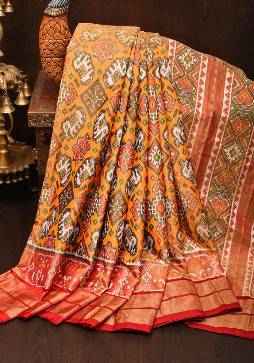 Exquisite Tissue Ikkat Patola Pure Silk saree in Yellow I SILK MARK CERTIFIED