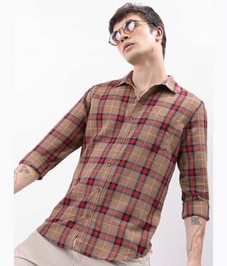 Highlander Cotton Blend Slim Fit Checks Full Sleeves Men's Casual Shirt - Khaki ( Pack of 1 )