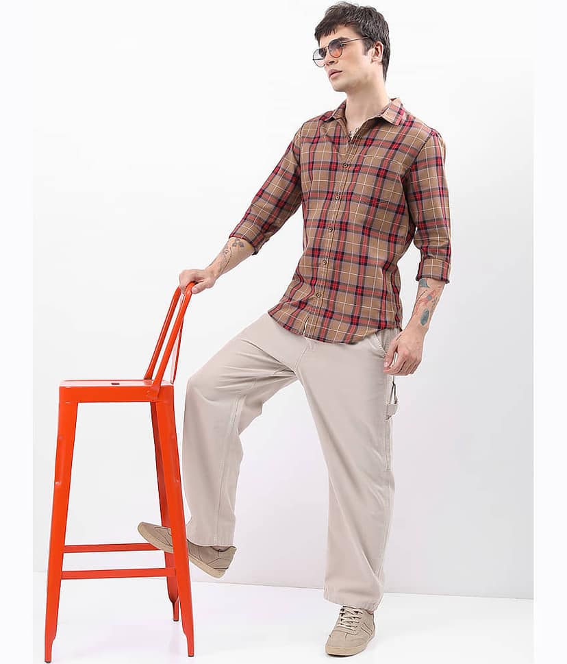 Highlander Cotton Blend Slim Fit Checks Full Sleeves Men's Casual Shirt - Khaki ( Pack of 1 ) view 2