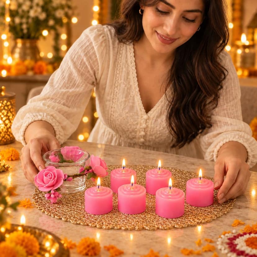 Decorative Pink Wax Candle Gift Set with Rose Floral Glass Holder (1 Set)