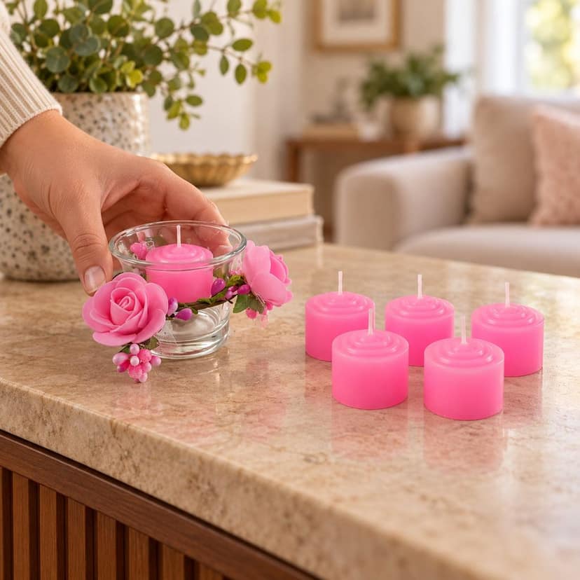 Decorative Pink Wax Candle Gift Set with Rose Floral Glass Holder (1 Set) view 2