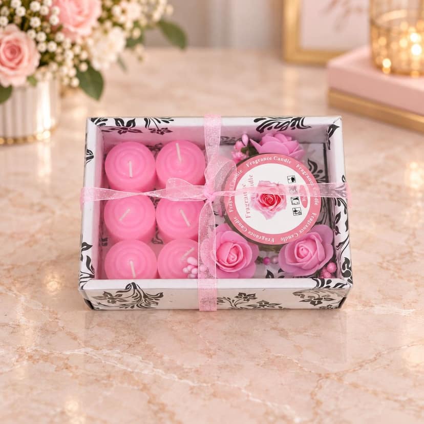 Decorative Pink Wax Candle Gift Set with Rose Floral Glass Holder (1 Set) view 3
