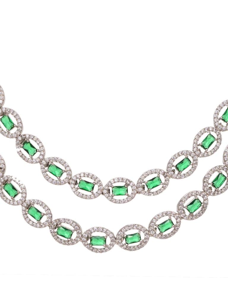 White Rhodium Plated Green AD studded Necklace Earrings Jewellery Set view 10