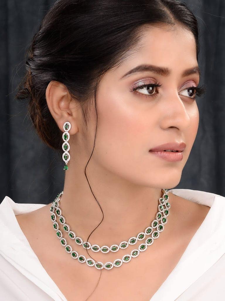 White Rhodium Plated Green AD studded Necklace Earrings Jewellery Set view 2
