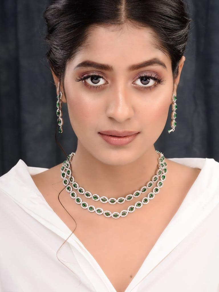 White Rhodium Plated Green AD studded Necklace Earrings Jewellery Set view 3