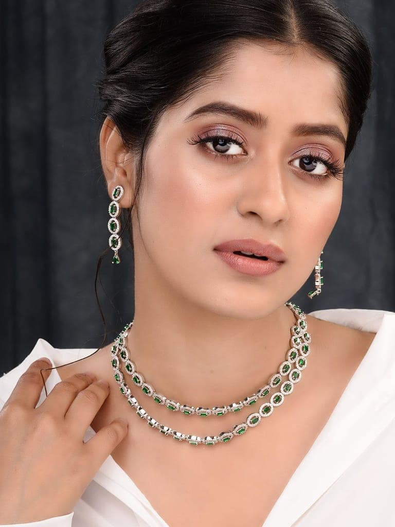 White Rhodium Plated Green AD studded Necklace Earrings Jewellery Set view 4