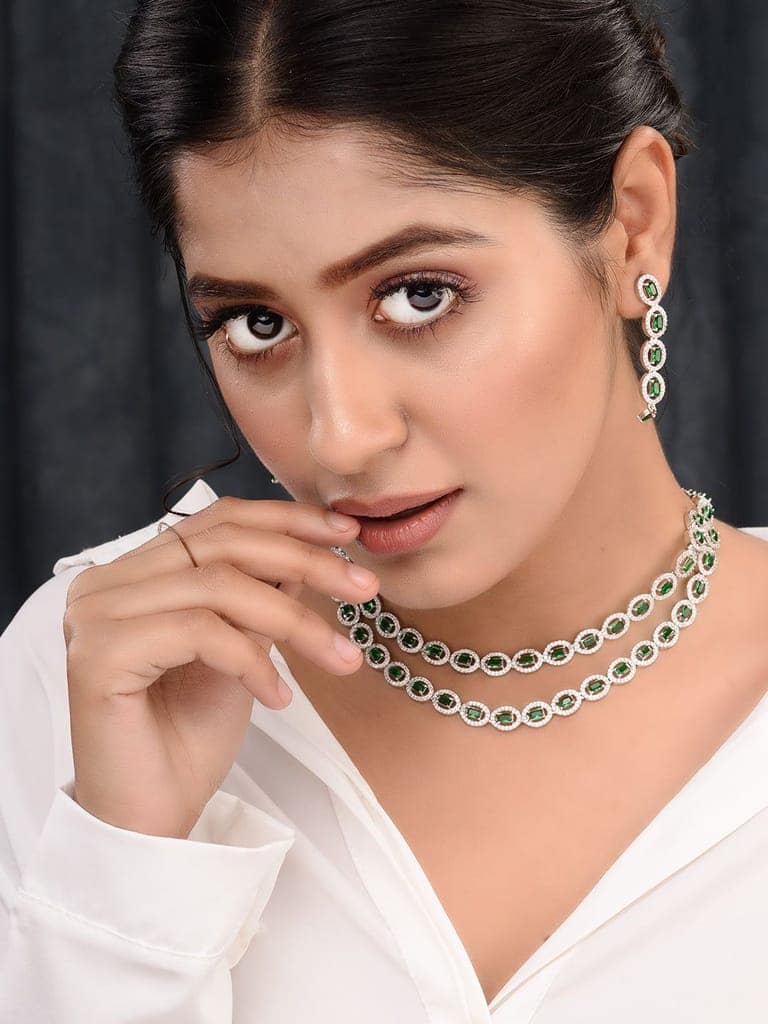 White Rhodium Plated Green AD studded Necklace Earrings Jewellery Set view 5