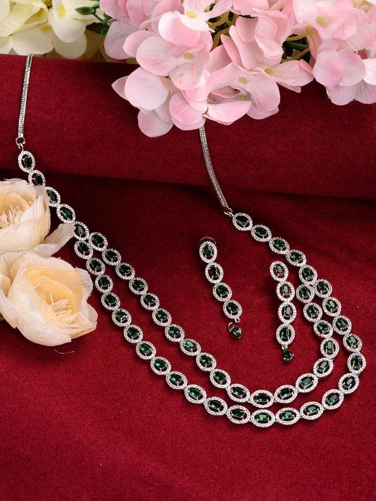 White Rhodium Plated Green AD studded Necklace Earrings Jewellery Set view 6