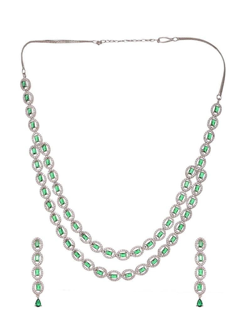 White Rhodium Plated Green AD studded Necklace Earrings Jewellery Set view 7