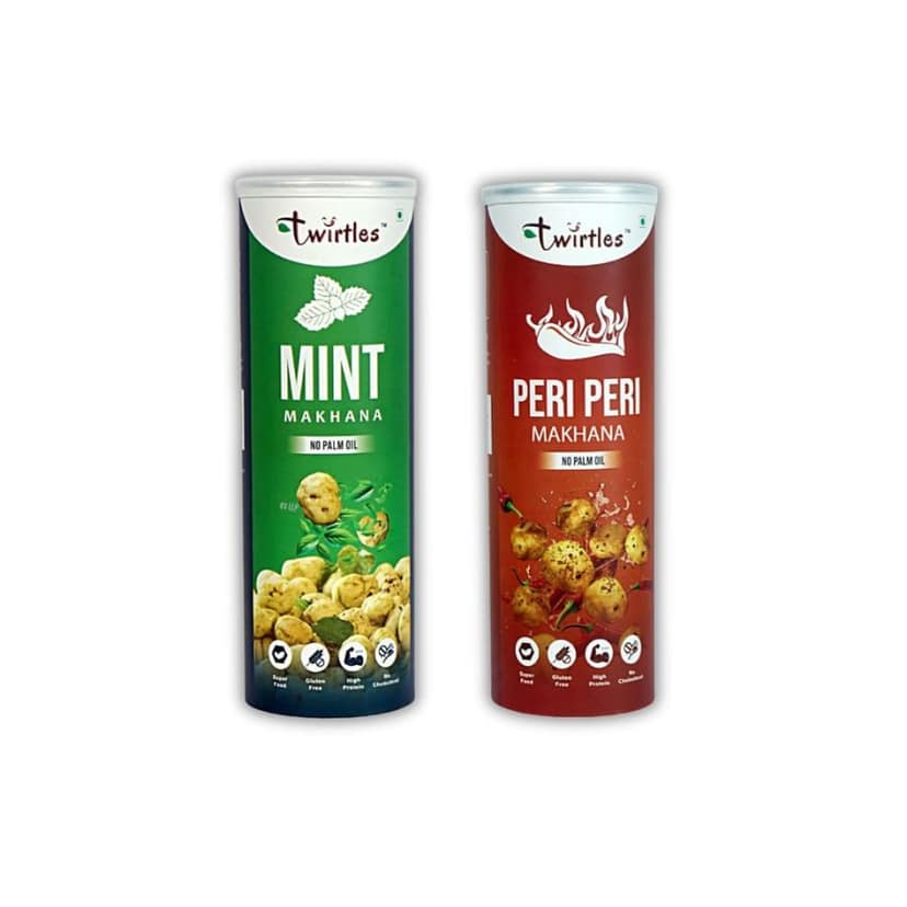 Twirtles Makhana Pack of 2 - Mint Fresh & Fiery Peri Peri (2 x 75g), Packed with Protein and Fiber - 150 gm - Two roasted makhana packs