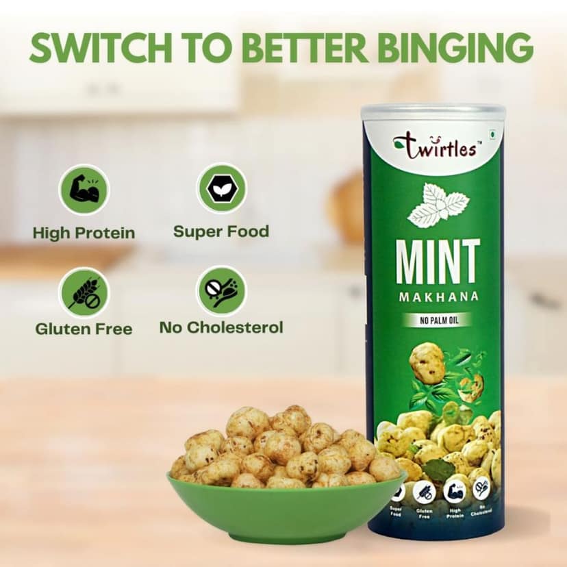 Twirtles Makhana Pack of 2 - Mint Fresh & Fiery Peri Peri (2 x 75g), Packed with Protein and Fiber - 150 gm - Two roasted makhana packs view 5