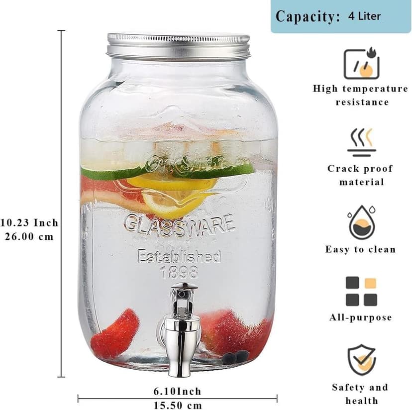 Glass Iced Drink Dispensers with Spout and Tap Steel Lid, Cold Beverage Dispenser for Beer, Water,Cocktails, and More,Airtight Beverage Jar for Home Kitchen,Weddings,Restaurants (4 Littre,Transparent) view 2