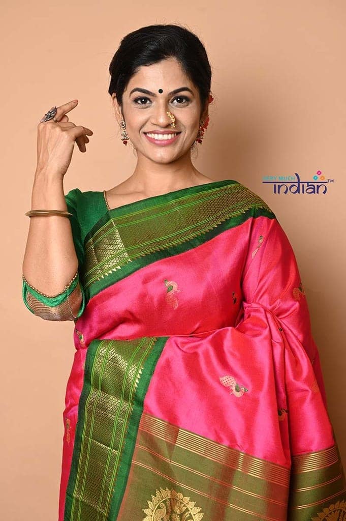 Pure Silk Handloom Maharani Paithani - Mor Butti with Meena work - Traditional Pink with Green view 2