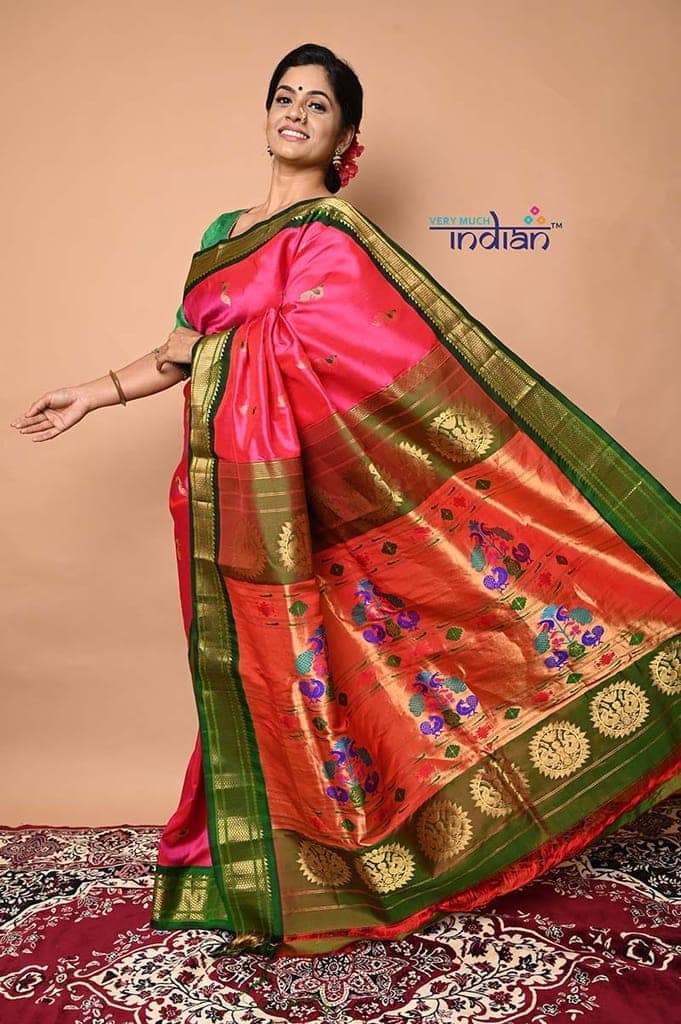 Pure Silk Handloom Maharani Paithani - Mor Butti with Meena work - Traditional Pink with Green view 4