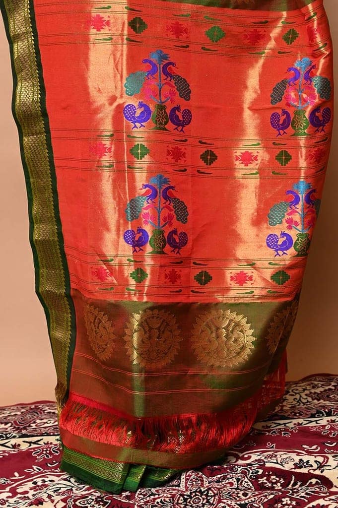 Pure Silk Handloom Maharani Paithani - Mor Butti with Meena work - Traditional Pink with Green view 5